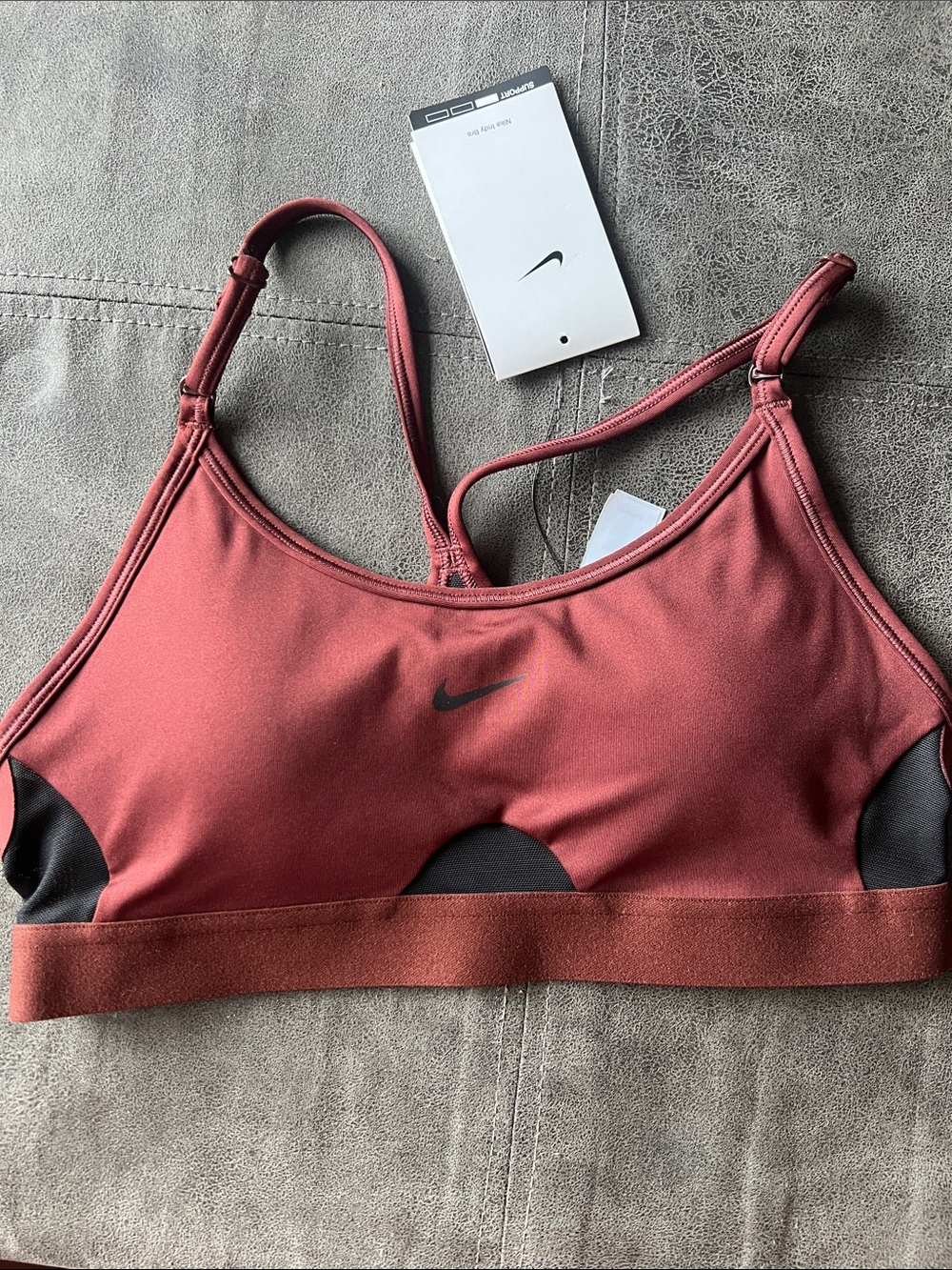 NEW! Nike Women's Rust Red Sports Bra with Black mesh Accents. Small
